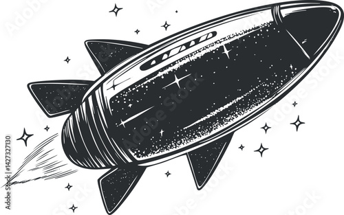 A stylized rocket soaring through space with stars and a sense of adventure.