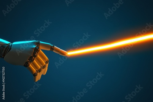 Robotic hand emitting a glowing energy beam