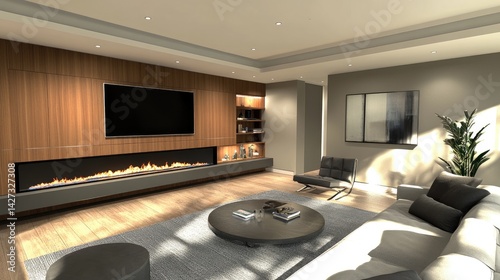 Living room with built-in fireplace, mounted TV, and sleek modern furniture
