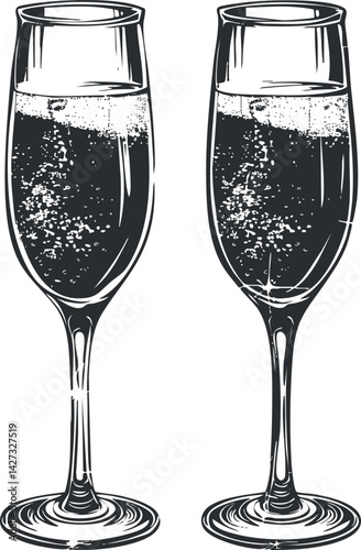 Two elegant champagne glasses filled with bubbly sparkling drink perfect for celebrations and parties.