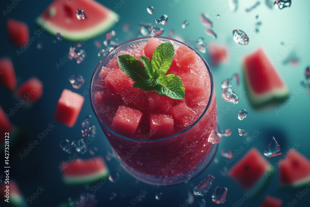 Refreshing watermelon drink garnished with mint, surrounded by ice and fruit chunks, perfect for summer.