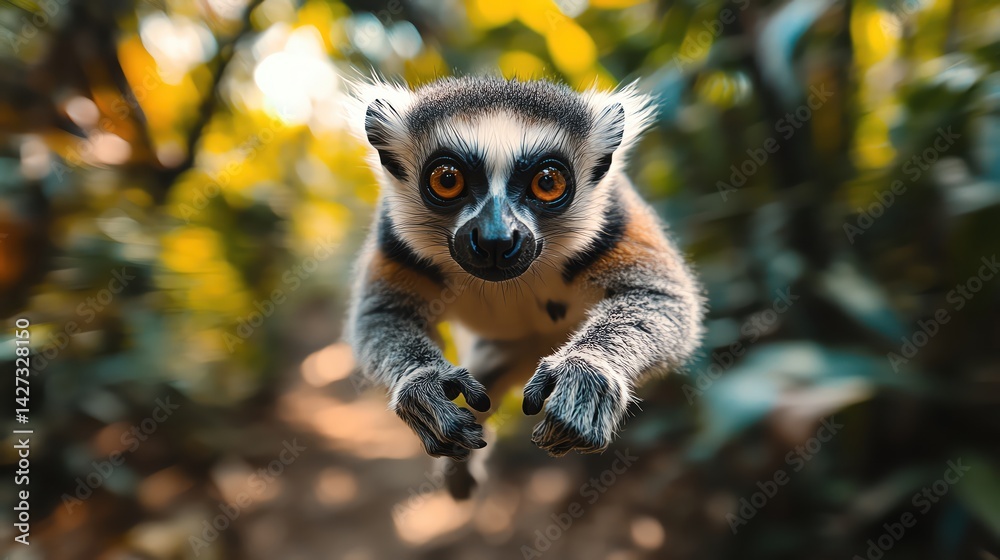 Fototapeta premium Lemur jumping tree to tree, motion shot, bright daylight, jungle vibe, dynamic energy
