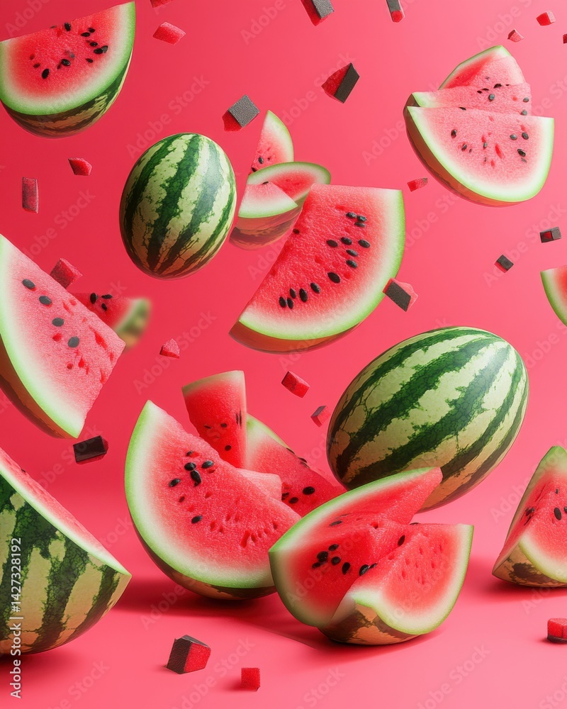 Colorful watermelon slices and whole fruits suspended in mid-air against a vibrant pink background.