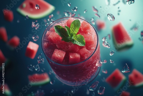 Obraz na płótnie Refreshing watermelon drink garnished with mint, surrounded by ice and fruit chunks, perfect for summer. w salonie