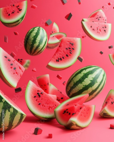 Obraz na płótnie Colorful watermelon slices and whole fruits suspended in mid-air against a vibrant pink background. w salonie