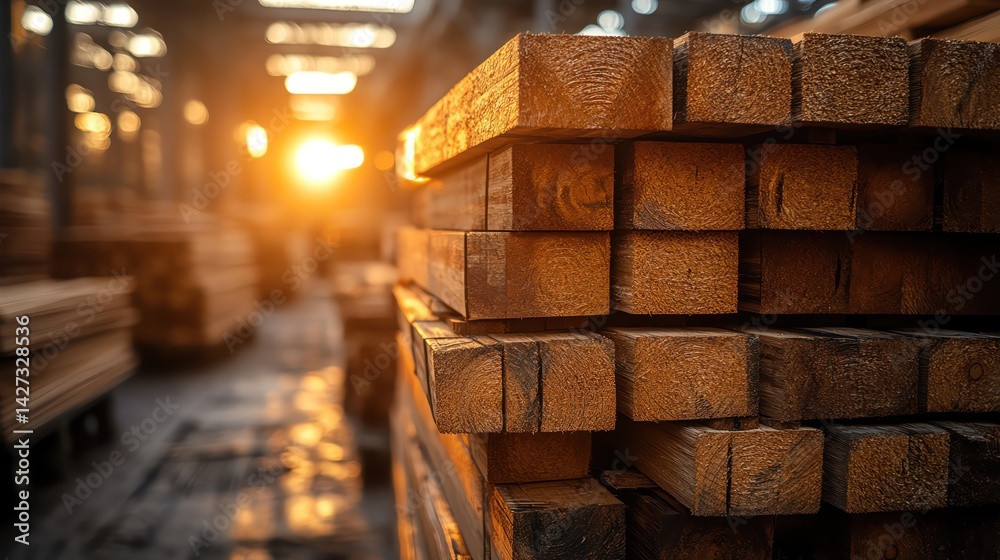 Stacked lumber in sawmill yard with golden sunset and blurred industrial backdrop Stacked lumber in sawmill yard with golden sunset and blurred industrial backdrop