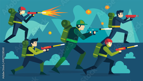 As laser guns fire and vests light up with every hit two teams showcase their speed agility and tactical skills in a laser tag competition that will. Vector illustration