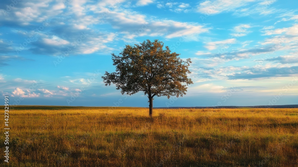Obraz premium Solitary tree standing tall in golden field against a vibrant sky backdrop