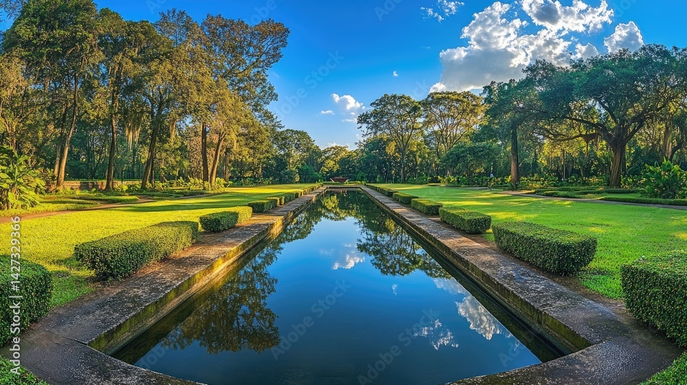 Fototapeta premium Reflecting pool in a landscaped park with clear blue sky and sculpted greenery