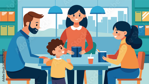 A mother and father gather with other parents in the school cafeteria for a PTA meeting actively involved in discussing ways to improve their childs. Vector illustration