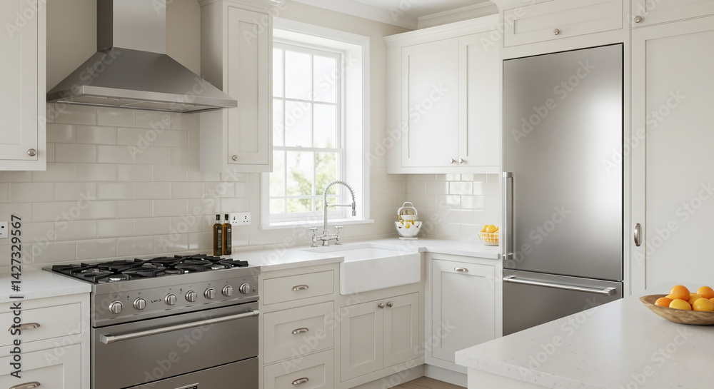 Fototapeta premium Bright Kitchen Interior Shows Stove, Sink, Refrigerator, and Cabinets Nicely