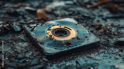 Vintage audio cassette in a desolate landscape portrays technological obsolescence
