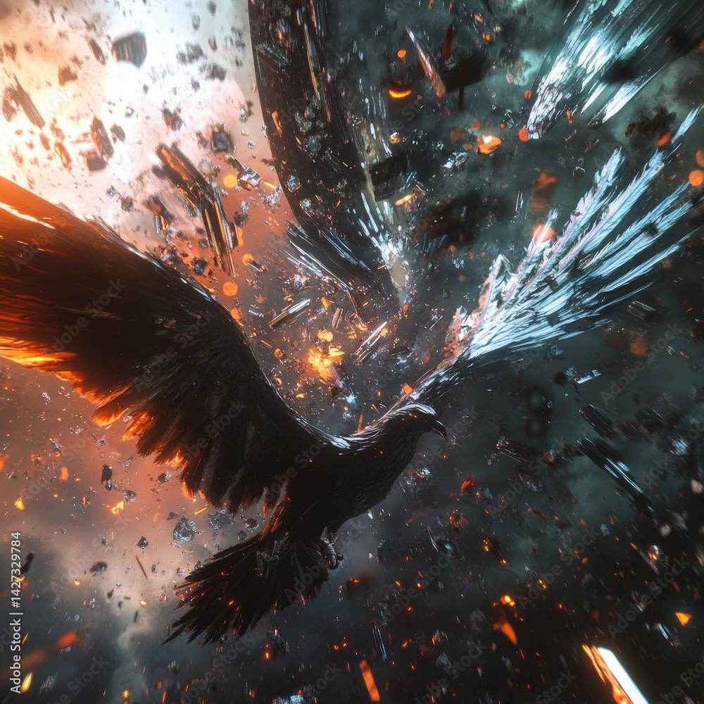Naklejka premium A raven soaring amidst a chaotic explosion of fragmented structures