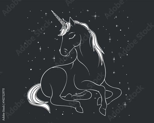A whimsical black and white illustration of a unicorn resting under a starry night sky.