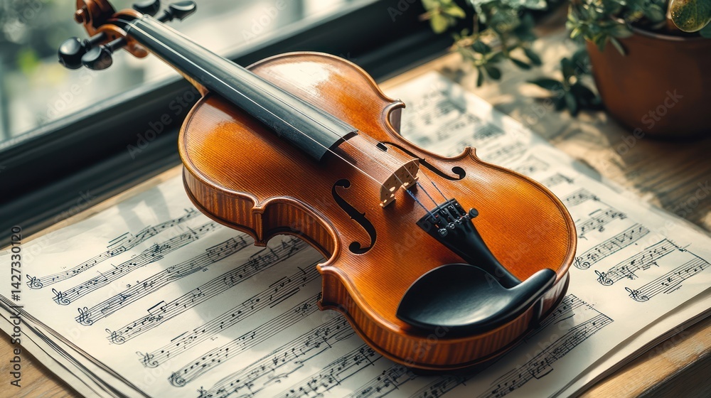Fototapeta premium Elegant violin resting on sheet music amidst soft light and greenery indoors