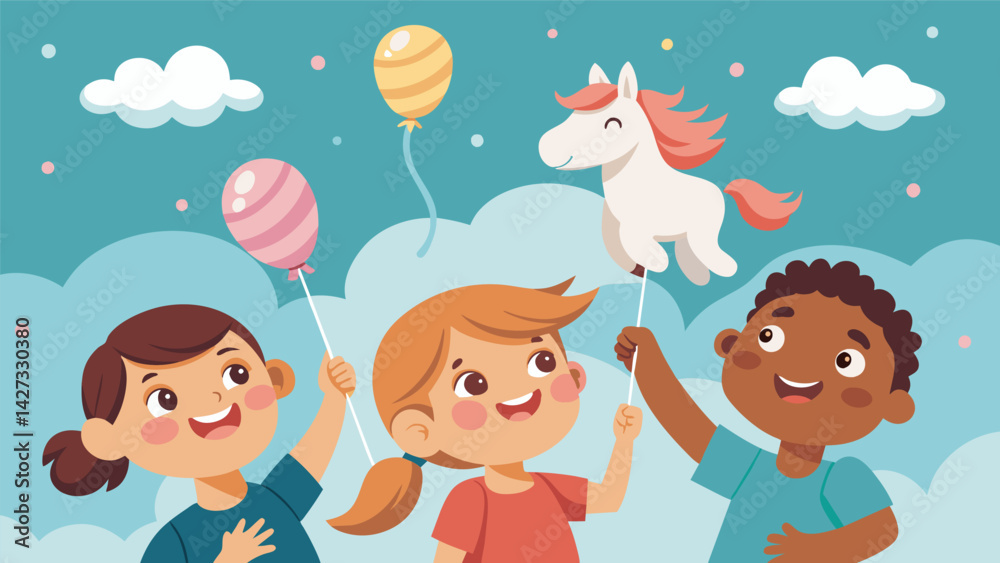 Fototapeta premium Childrens faces lit up with joy as they watched the horses flying by their tiny hands gripping onto cotton candy and balloons.. Vector illustration