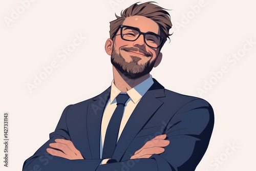 A confident man with glasses in a suit, arms crossed, smiling