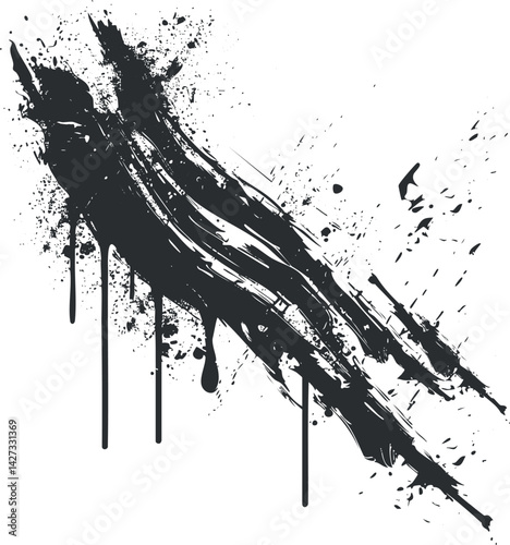 An artistic abstract black ink splash design with dynamic brush strokes and splatter effects.