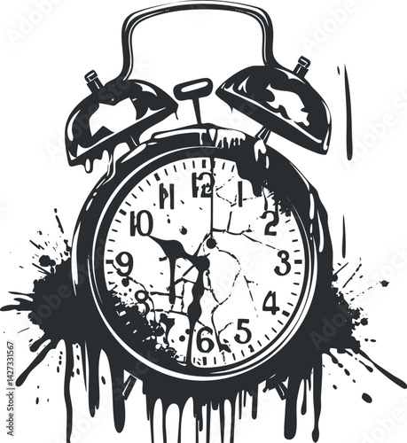 A vintage alarm clock illustration with a broken face and dripping ink effect.