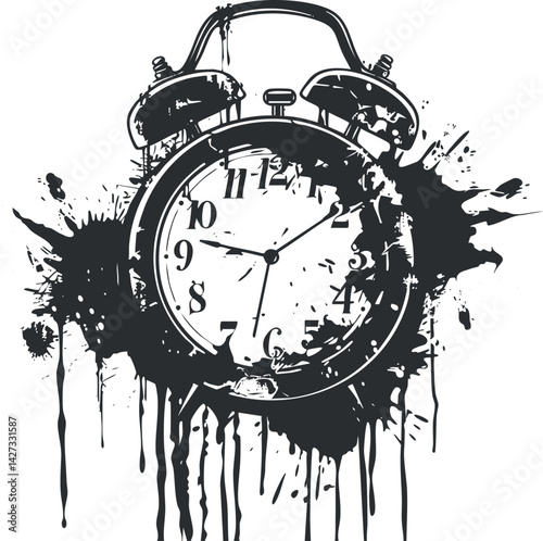 An artistic black and white illustration of a vintage alarm clock with ink splashes.