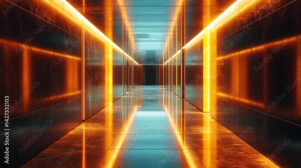 Fototapeta premium Futuristic corridor illuminated with orange neon lines and reflective surface