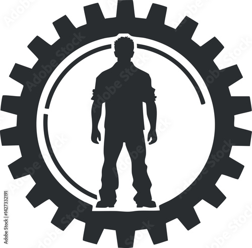 A silhouette of a man inside a gear symbolizing industry and mechanical work.