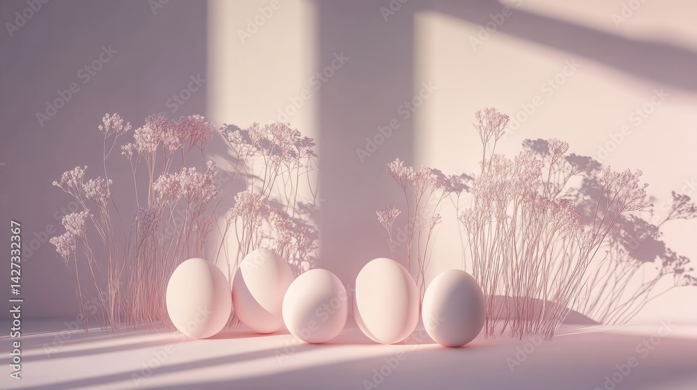 Fototapeta premium Soft pastel background with minimalist Easter egg composition and subtle floral shadows