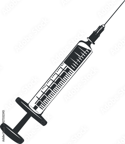 Illustration of a syringe used for medical injections and vaccinations in healthcare settings.
