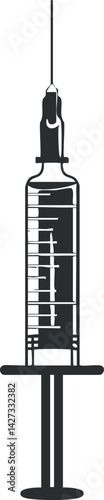 Black and white illustration of a syringe for medical and healthcare purposes.