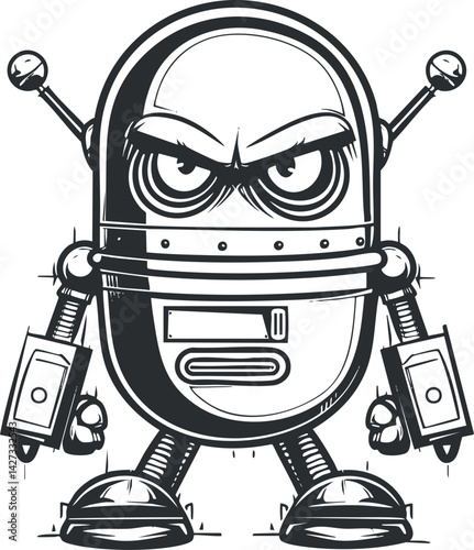 A cartoon illustration of an angry robot character with mechanical arms and a comical expression.