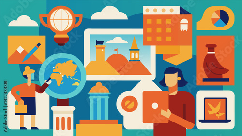Take a journey through time and space as you explore different eras and cultures in Virtual Museum Scavenger Hunts.. Vector illustration