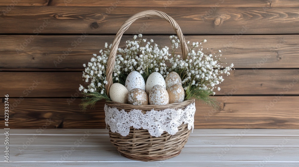 Obraz premium Vintage-style basket wrapped with lace and ribbon, filled with handcrafted Easter eggs