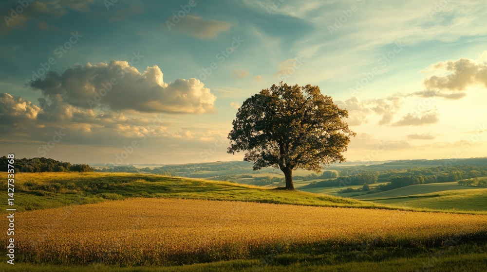 Fototapeta premium Enchanting landscapes in golden hours, a solitary tree watches over vast fields