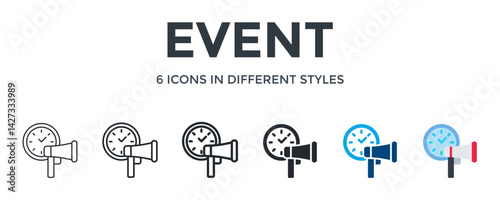 Event Icon In Different Style Vector Illustration. Designed In Thin Line, Regular Line, Bold Line, Glyph, Color Fill, And Flat Style Can Be Used For Web