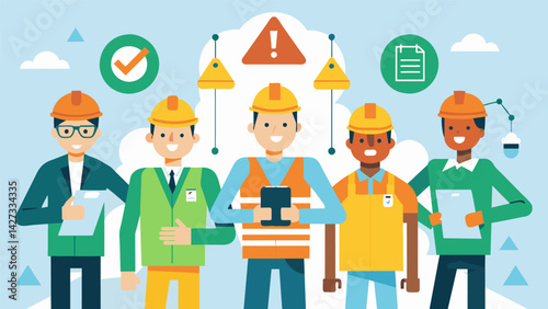 The workers are grouped in teams and tasked with identifying potential safety hazards on the construction site promoting a proactive and safetyminded. Vector illustration