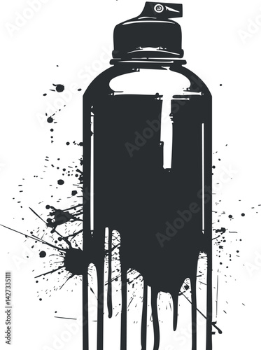 A black spray paint can with dripping paint and splatter effects creating an artistic design.