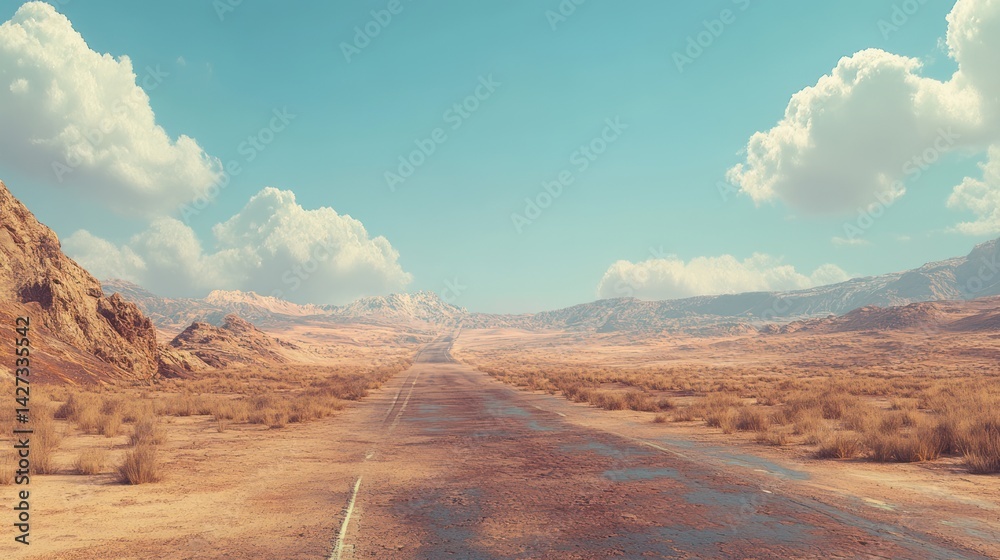 Naklejka premium A desolate desert highway leading into the distance with mountains and blue sky