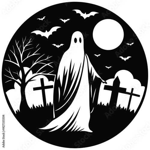 Halloween Ghost Graveyard Illustration: Spooky Night Scene with Bats, Moon, and Tombstones - Vector Graphic for Halloween Designs