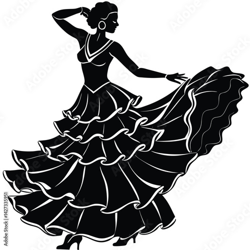Flamenco Dancer Silhouette: Elegant Spanish Woman in Ruffled Dress, Performing Traditional Dance, Black and White Vector Illustration