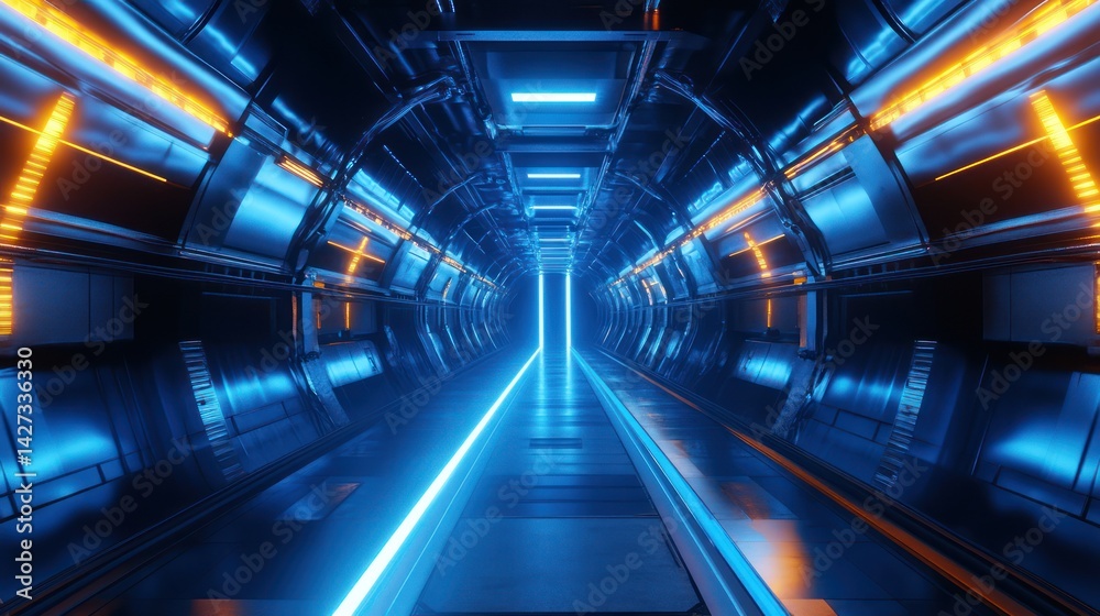 Fototapeta premium Futuristic blue tunnel with glowing neon lights, showcasing sci-fi architecture