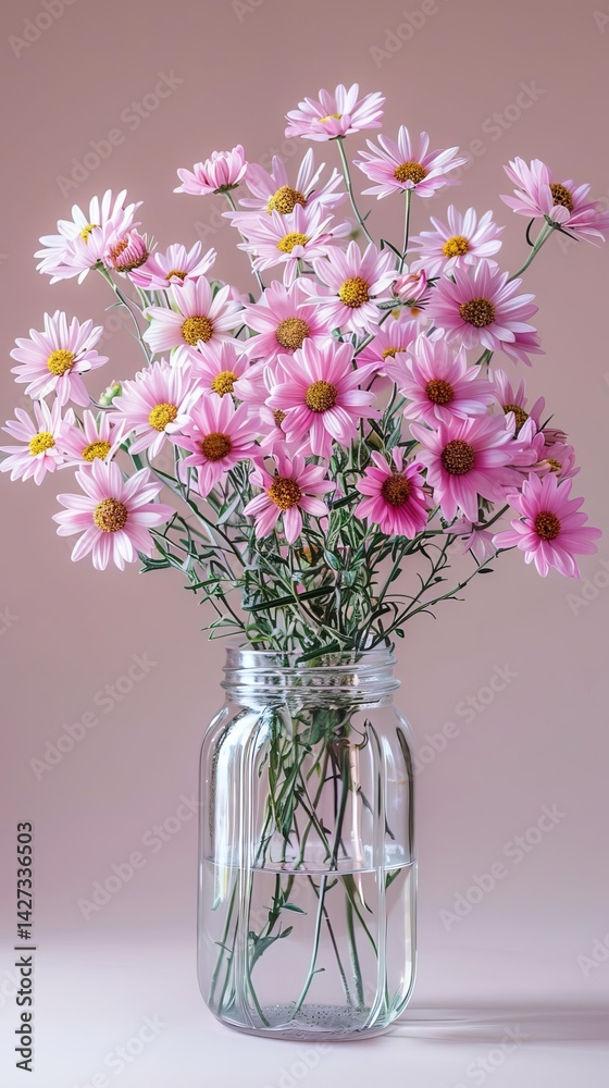 Obraz premium Delicate Pink Daisies in a Glass Jar A Beautiful Floral Arrangement
