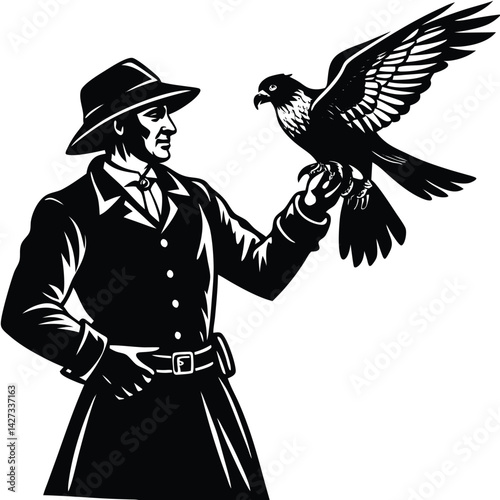 Falconer with Hawk Vector Illustration: Man in Hat & Coat Holding Bird of Prey - Black & White Graphic Art for Design Projects
