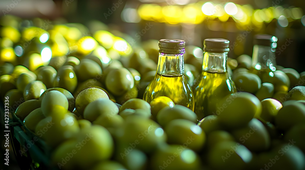 Close Up Of Olive Oil Bottles Surrounded By Olives