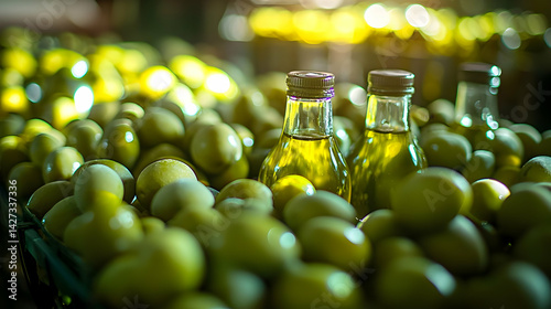 Obraz na płótnie Close Up Of Olive Oil Bottles Surrounded By Olives w salonie