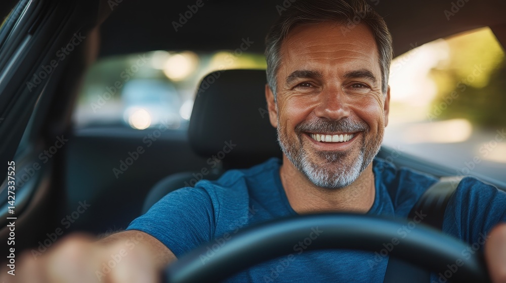 Obraz premium A smiling mature man drives, confidently gripping the steering wheel with a relaxed and joyful expression