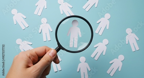 Recruitment concept with magnifying glass highlighting paper figure selection
