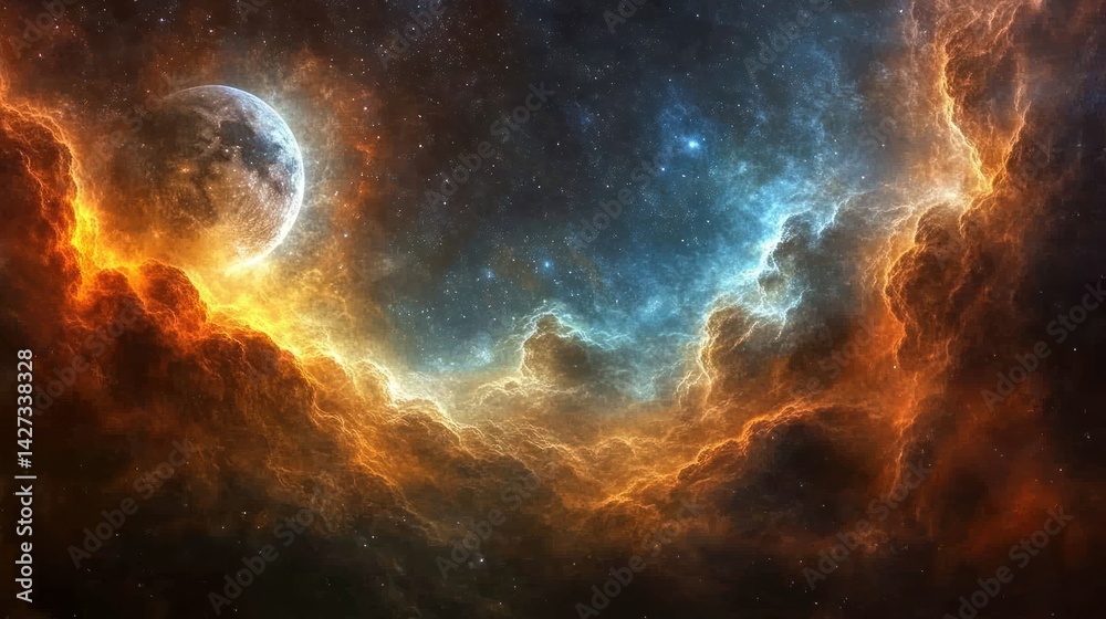 Obraz premium Fiery nebula, cosmic moon, space background, fantasy art