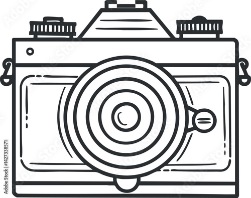An illustration of a vintage camera showcasing its lens and controls in a retro style.