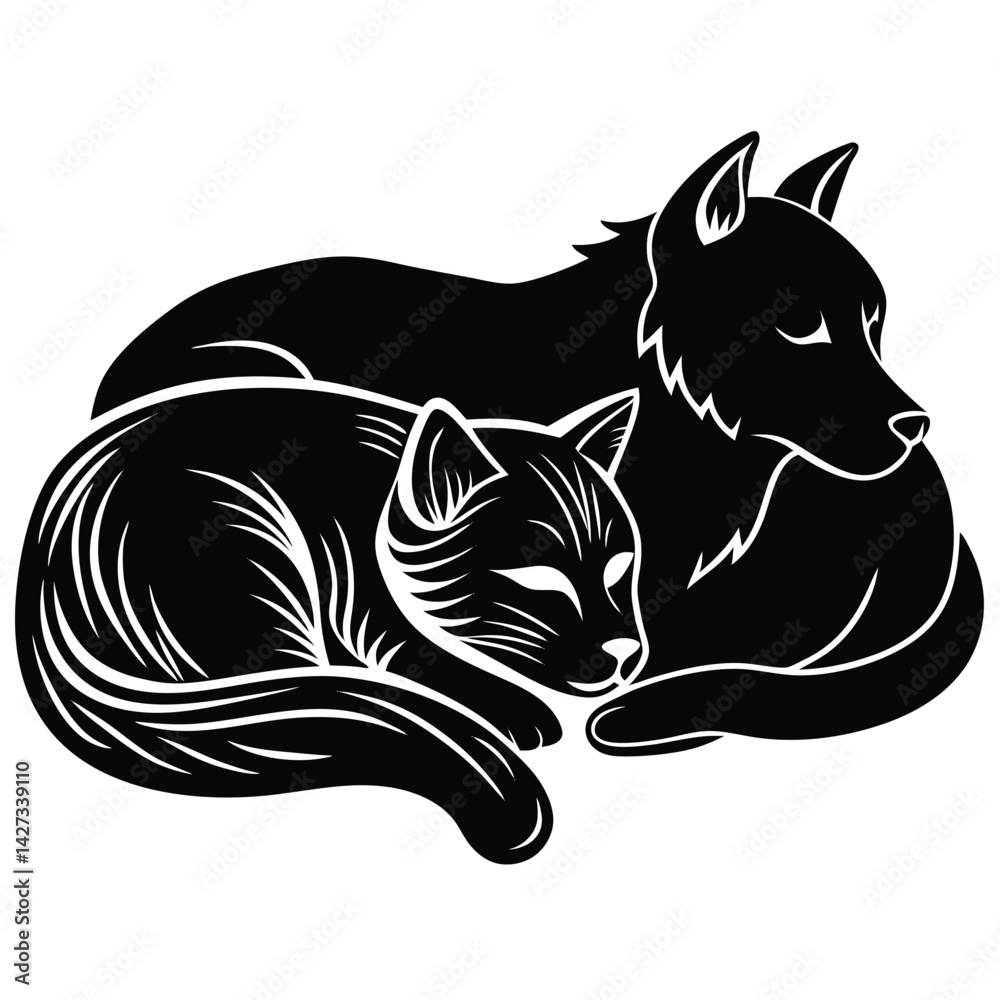 Obraz premium Black and White Vector Illustration of a Sleeping Cat and Dog, Cute Pet Animals, Friendship Concept, Minimalist Design