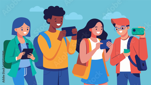 A group of students using their smartphones to take creative photos for a photography class assignment.. Vector illustration